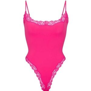 SKIMS Pink Lace Chemise with Spaghetti Straps